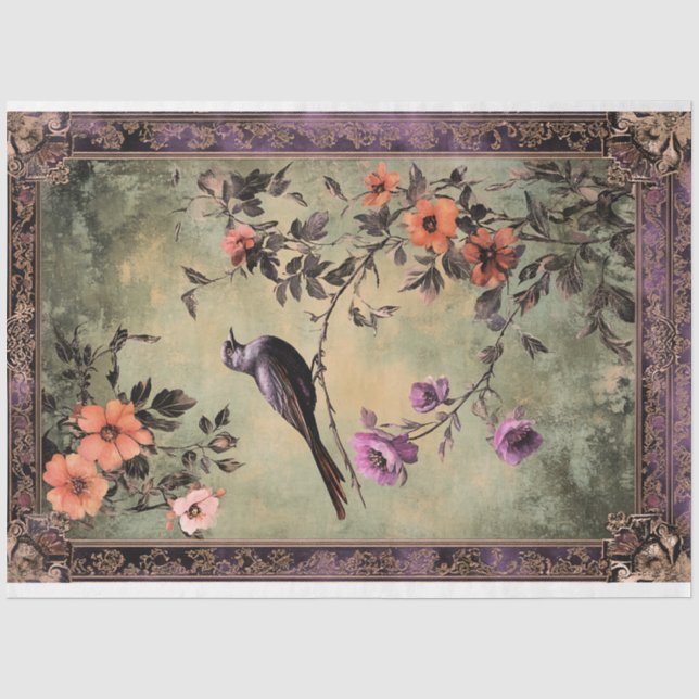 Papel De Seda Estética Oriental, Chinoiserie Pássaro & Floral (Frente )