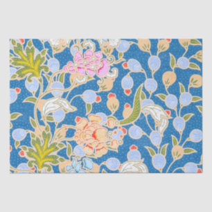 Papel De Seda Estilo de Batik Pontos de Padrão Flores Fundo Azu