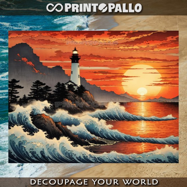 Papel De Seda Estilo de ondas de Hokusai com farol costeiro (Criador carregado)