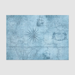 Papel De Seda Estilo de Vintage em Greve Mapa Azul e Navios