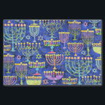 Papel De Seda Estrela de David Hanukkah, Dourada Menorah Azul-Ch<br><div class="desc">Este papel de tecidos de férias apresenta um padrão chic de ouro,  menorah verde e roxo e estrela dourada de David em um fundo azul. Projetado pelo renomado artista Tim Coffey.</div>