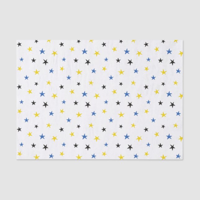 PAPEL DE SEDA ESTRELAS BRANCAS AZUIS AMARELAS (Frente )