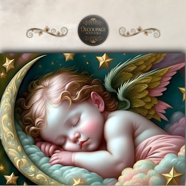 Papel De Seda Estrelas de Anjo Bebê Adormecido Decoupage (Sleeping Baby Angel Stars Decoupage Tissue Paper)
