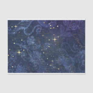 Papel De Seda Estrelas de ouro celestiais florais azuis desbotad