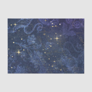 Papel De Seda Estrelas douradas celestiais azul floral flockado