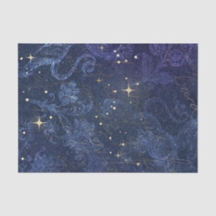 Papel De Seda Estrelas douradas celestiais azul floral flocked d