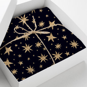 Papel De Seda Estrelas Douradas no Céu Azul-Marinho Padrão Estel