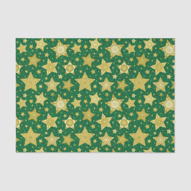 Papel De Seda Estrelas Dourados elegantes no damasco verde (Frente )