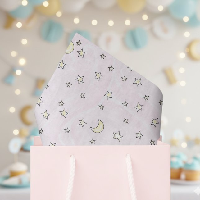 Papel De Seda Estrelas e luas cor-de-rosa suave (Cute Stars and Moons Pattern Pastel Pink Gender Neutral Baby Shower Tissue Paper for Mother to Be.)
