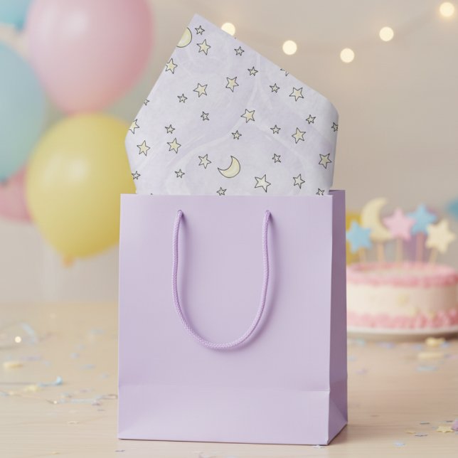 Papel De Seda Estrelas e luas roxas de Pastel suave (Cute Stars and Moons Pattern Pastel Purple Gender Neutral Baby Shower Tissue Paper for Mother to Be.)