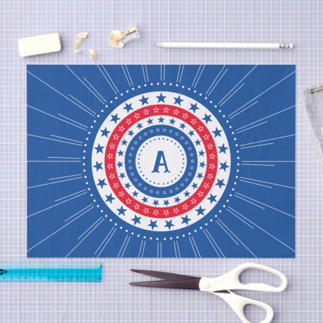 Papel De Seda Estrelas em vermelho, branco e azul com monograma (Arte )