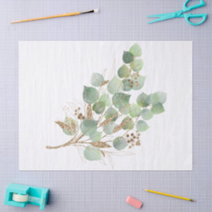 Papel De Seda Eucalipto Dourado Brilhante Ramo Folhoso Aquarela