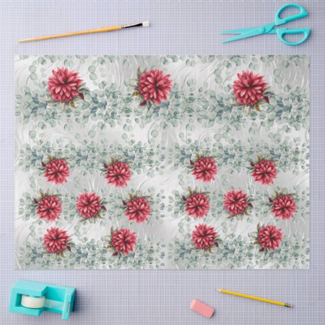 Papel De Seda Eucalyptus & Red Flowers on  Faux Foil Decoupage  (Arte )