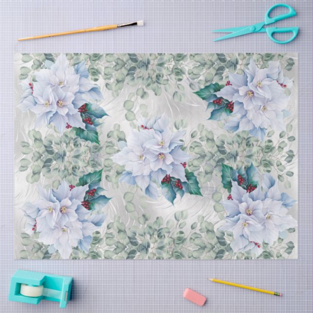 Papel De Seda Eucalyptus & White Christmas Poinsettias Faux Foil (Arte )
