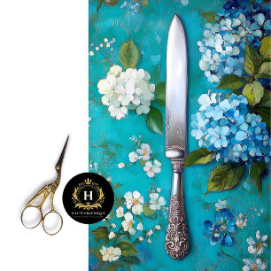 Papel De Seda Faca Antiga com Desenho Floral de Hortênsia Azul