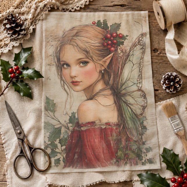 Papel De Seda Fada do Natal com Decoupage de Azevinho e Bagas Ve (Criador carregado)