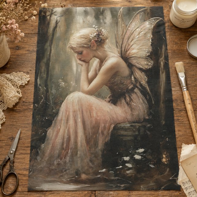 Papel De Seda Fada Fantasia Sentada em um Tronco de Madeira Deco (Criador carregado)