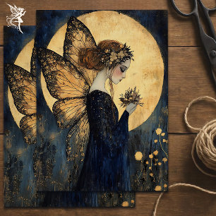 Papel De Seda Fada Noturna Mágica com Flores Sob Lua Ouro
