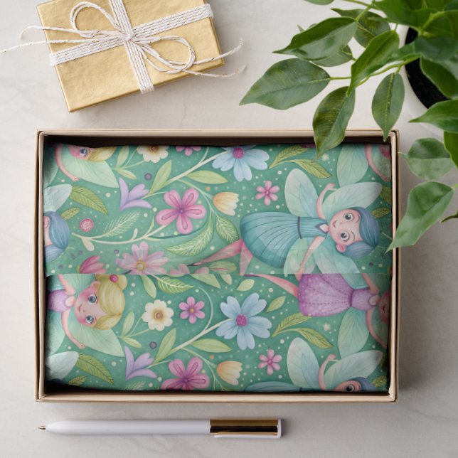 PAPEL DE SEDA FADAS FELIZES FLORES FANTASIA (Presente)