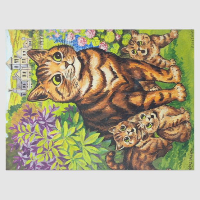Papel De Seda Família de Gatos em Jardim, Louis Wain (Frente )