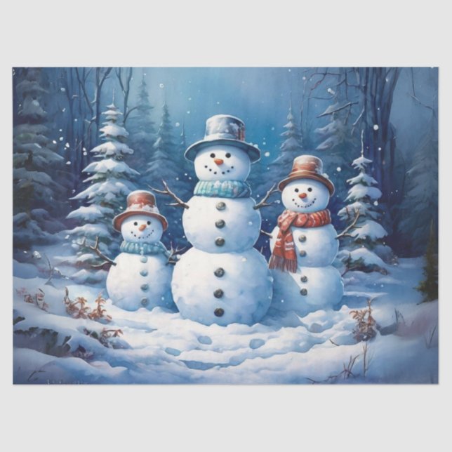 Papel De Seda Família Whimsical Snowman na Nuvem de Paisagem de  (Frente )