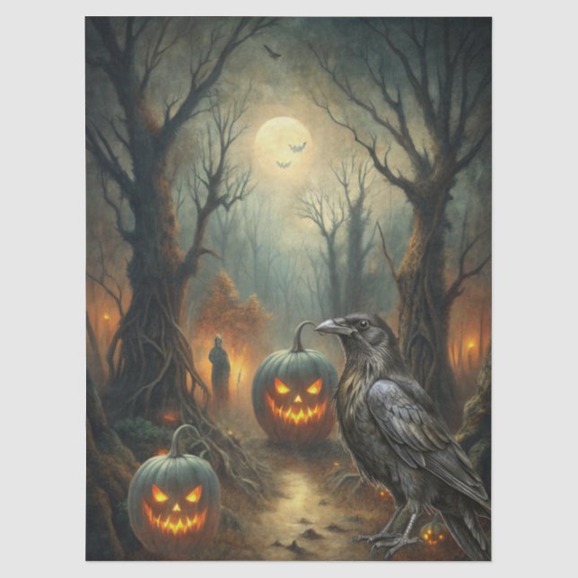 Papel De Seda Fantasia Assombradora Gótica Corvo, Abóboras & Lua (Frente )