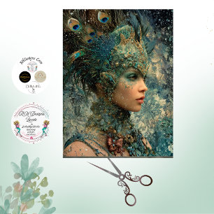 Papel De Seda Fantasia de Decoupage Mulher Pavão Teals Penas