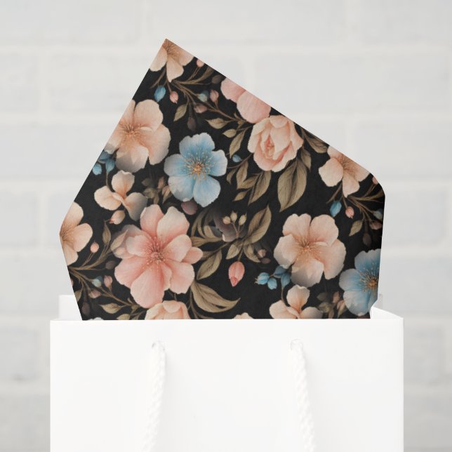 Papel De Seda Fantasia Floral Azul e Pêssego (Sacola de presentes)