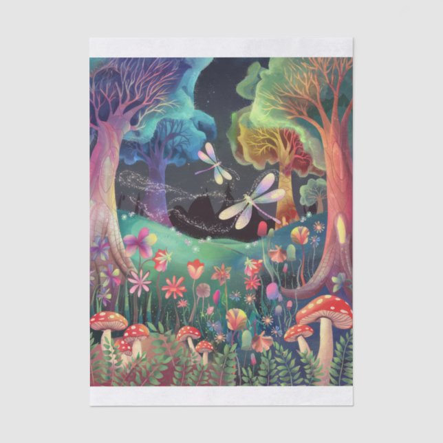 Papel De Seda Fantasia Florestal ao Crepúsculo, Terra das Fadas  (Frente )