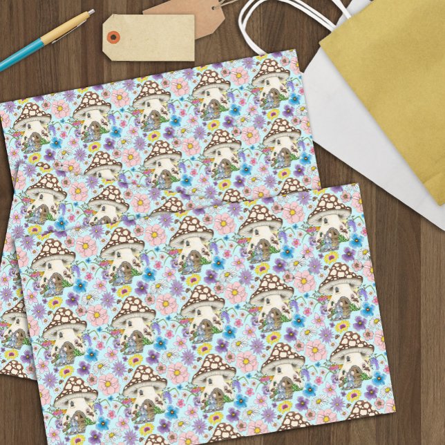 Papel De Seda Fantasioso Rato Casa Cogumelo Floral Azul (Criador carregado)