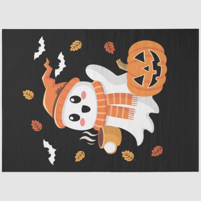 Papel De Seda Fantasma Bonito Bebendo Café com Gelo no Halloween (Frente )