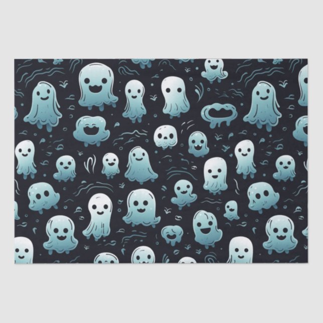 Papel De Seda Fantasmas Azuis Curtos e Adoráveis Halloween Preto (Frente )