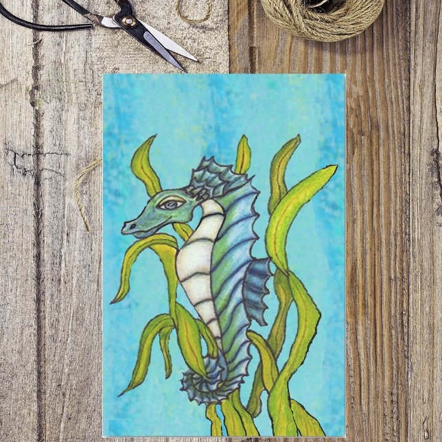 Papel De Seda Fantasy Blue Sea Dragon Seacavalo alga (Fantasy seahorse in aqua blue, green and white in seaweed on water blue tissue paper.)