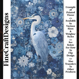 Papel De Seda Fantasy Heron Bird Com Blue Flowers BV4 Decoupage