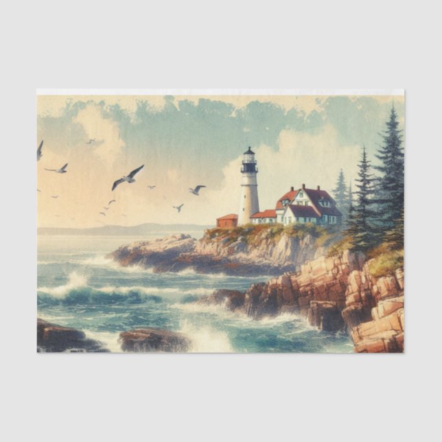 Papel De Seda Farol à Beira-Mar Vintage & Costa Rochosa (Frente )