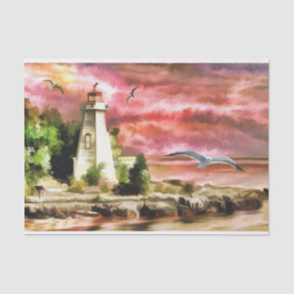 Papel De Seda Farol cor-de-rosa do por do sol das gaivotas da