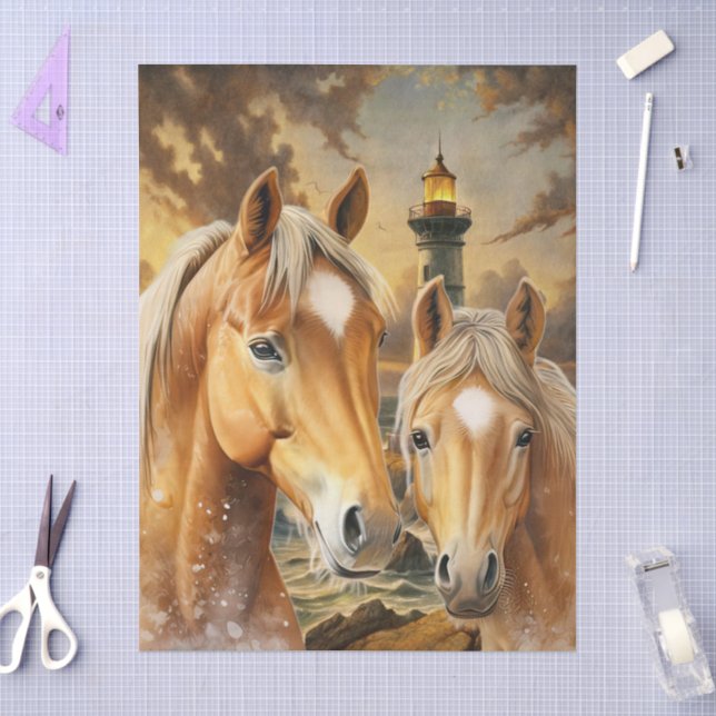 Papel De Seda Farol de Cavalos & Cena do Oceano (Arte )