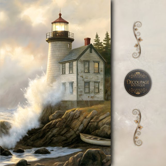 Papel De Seda Farol Iluminado pela Tempestade à Beira-Mar Decoup (Stormlit Lighthouse by the Sea Decoupage Tissue Paper)