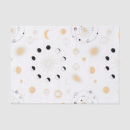 Papel De Seda Fases da lua planetas orbita ouro branco preto