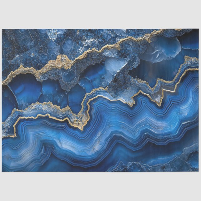 Papel De Seda Fatia marinho Blue Geode com Veias Douradas (Frente )
