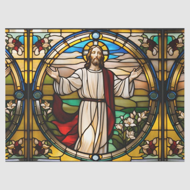 Papel De Seda Faux StainGlass Jesus com desacoplamento de armas (Frente )