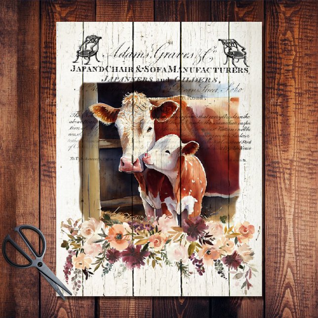 Papel De Seda Fazenda Floral Vacas Hereford (Criador carregado)