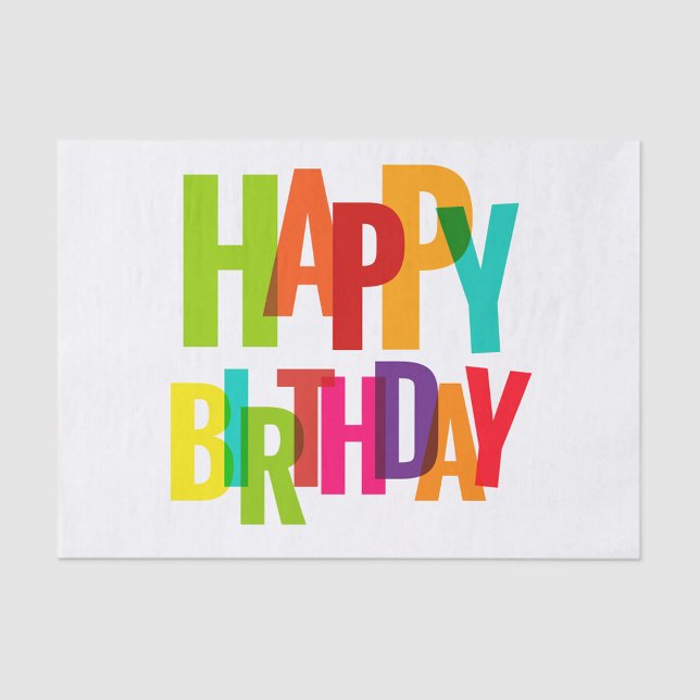 Papel De Seda Feliz aniversário (A colorful graphic design with the words "HAPPY BIRTHDAY" )
