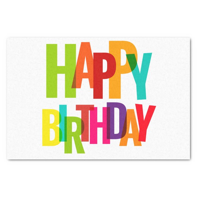 Papel De Seda Feliz aniversário (Colorful Tissue Paper with bold vibrant letters spelling "Happy Birthday!)