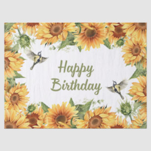 Papel De Seda Feliz Aniversário Aquarela Girassóis e Pássaros
