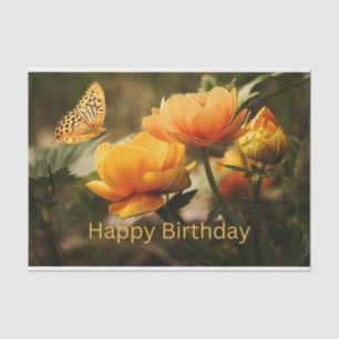 Papel De Seda Feliz Aniversário Belo Amarelo Flores, Borboleta