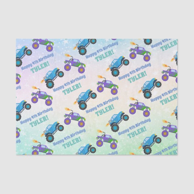 Papel De Seda Feliz Aniversário, Caminhões Monstros, Nome E Idad (Frente )