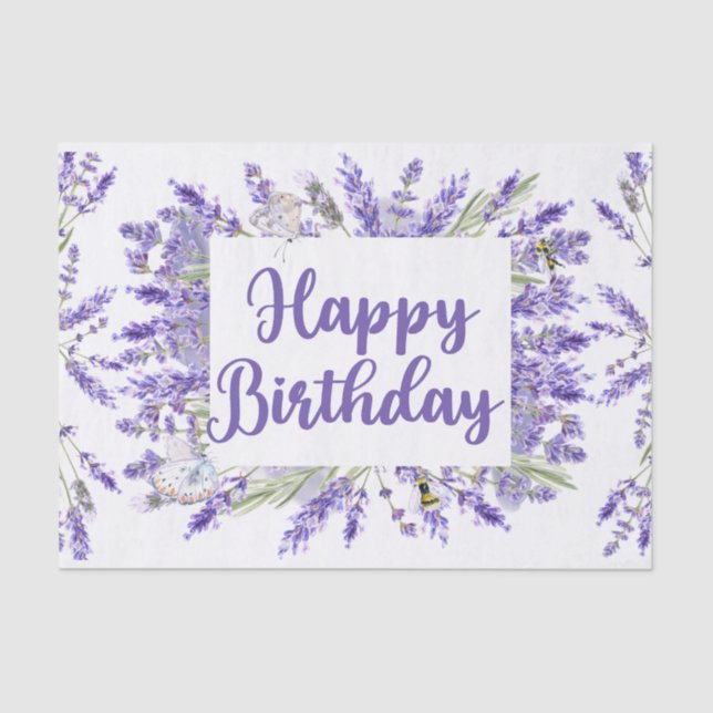 Papel De Seda Feliz Aniversário das Flores de Lavanda de Aquarel (Frente )