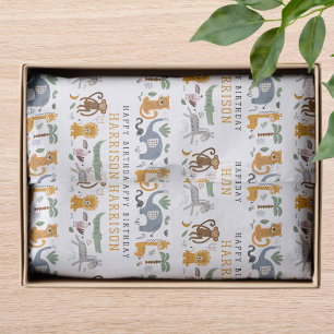 Papel De Seda Feliz Aniversário Dois Animais Selvagens Safari Pe