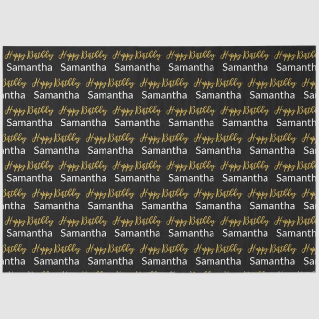 Papel De Seda Feliz Aniversário, Dourado Script Black and White  (Frente )